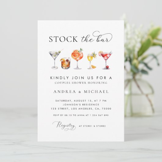 Elegante chic script Stock the Bar Koppel Bruiloft Kaart (Staand voorkant)
