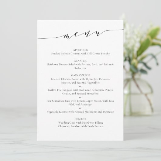 Elegante Chic Script Trouwmenu Sjabloon in Wit Menu (Staand voorkant)