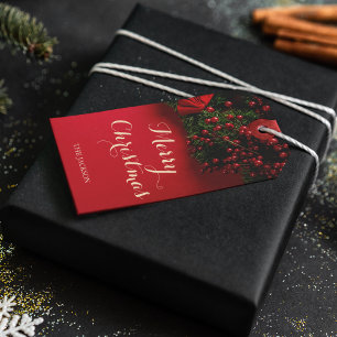 Elegante Chic Script typografie Red Christmas Cadeaulabel