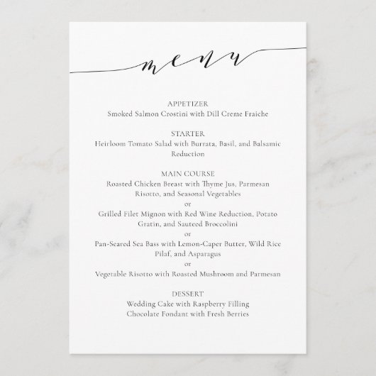 Elegante Chic Script Wedding Menu Sjabloon in Wit (Voorkant)
