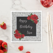 Elegante Chic Silver Glitter Rode Rozen Verjaardag Servet (Insitu)