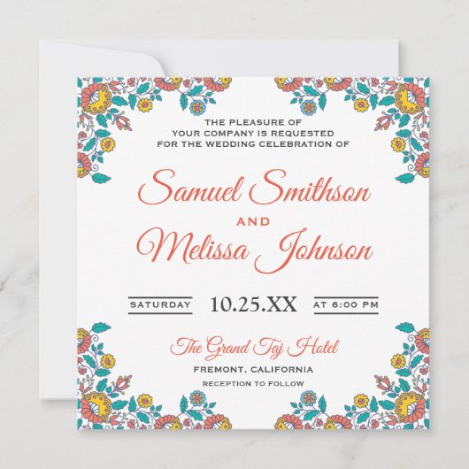 Elegante Chic Sinaasappel Blauwgroen Bloemen Huwel Kaart (Voorkant)