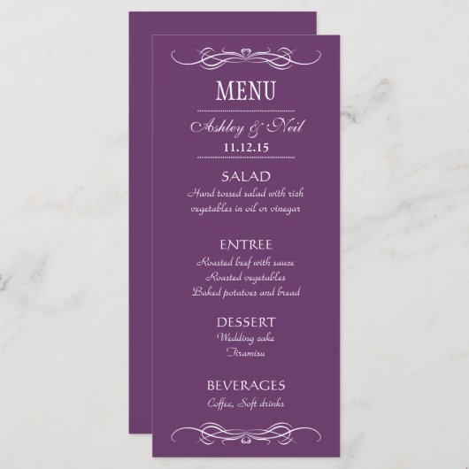 Elegante Chic Violet Wedding Menu Rack Kaart (Voorkant / Achterkant)