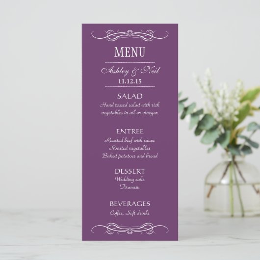 Elegante Chic Violet Wedding Menu Rack Kaart (Staand voorkant)