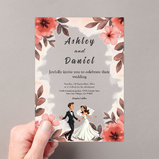 Elegante Chic Waterverf Bloemen Bruid Bruidegom Hu Acryl Uitnodigingen (Insitu (Draagbaar))