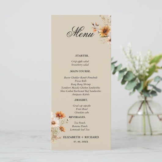 Elegante & Chic Wildflower Boheemse herfst bruilof Menu (Staand voorkant)