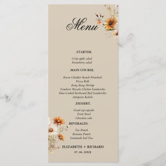 Elegante & Chic Wildflower Boheemse herfst bruilof Menu (Voorkant)