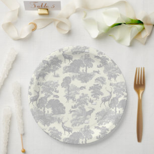 Elegante Chic Zachte Grijze Toile Herten Woodland Papieren Bordje
