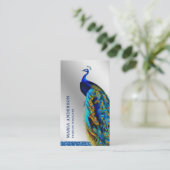 Elegante Chic Zilveren Folie Blauw Indische Pauw Visitekaartje (Staand voorkant)