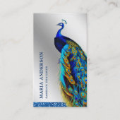 Elegante Chic Zilveren Folie Blauw Indische Pauw Visitekaartje (Voorkant)