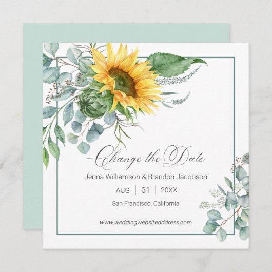 Elegante Chic Zonnebloem Eucalyptus Verander de Da Save The Date (Voorkant / Achterkant)