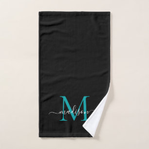 Elegante Chic Zwart Blauwgroen Groen Monogram Scri Handdoek