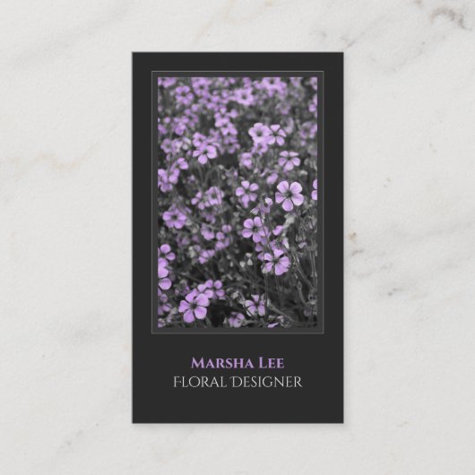 Elegante Chic Zwart en Paarse Foto Botanisch Visitekaartje (Voorkant)