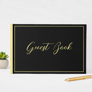 Elegante Chic Zwart & Geel Typografie Trouwdag Gastenboek