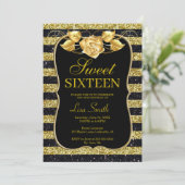 Elegante Chic Zwart Goud Glitter Roos Sweet 16 Kaart (Staand voorkant)
