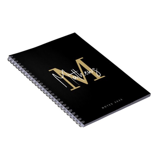 Elegante Chic Zwart Goud Wit Monogram Naam Notitieboek (Rechterzijde)