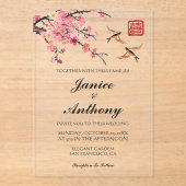 Elegante Chinese bloemen vogels bruiloft Acryl Uitnodigingen (Voorkant)