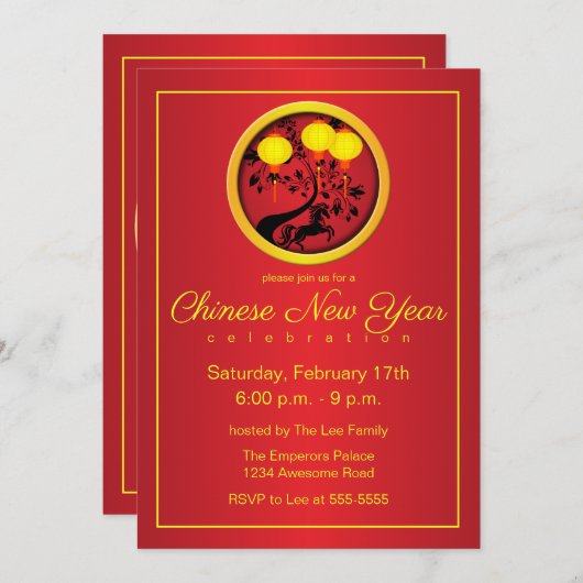 Elegante Chinese Nieuwjaars Paard Gouden Lantaarns Kaart (Voorkant / Achterkant)