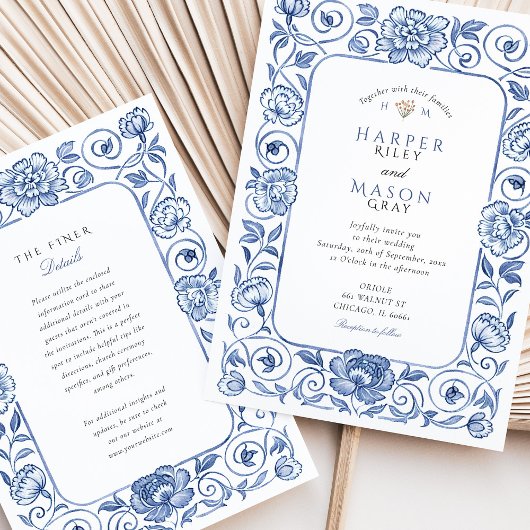 Elegante Chinoiserie Blauw en Wit Bloemen Bruiloft Kaart