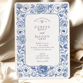 Elegante Chinoiserie Blauw en Wit Bloemen Bruiloft Kaart