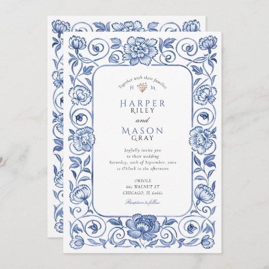 Elegante Chinoiserie Blauw en Wit Bloemen Bruiloft Kaart (Voorkant / Achterkant)