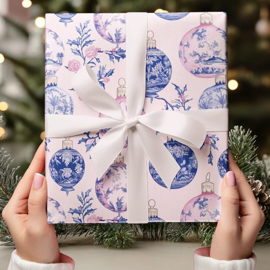 Elegante Chinoiserie Blauw & Roze Kerst Ornament Cadeaupapier