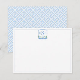 Elegante Chinoiserie Blauw-Wit Monogram Bedankkaart
