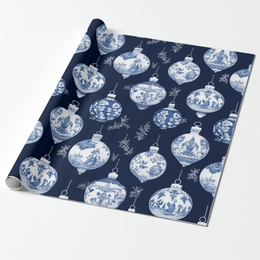 Elegante Chinoiserie Blauw & Wit Ornament Cadeaupapier (Uitgerold)