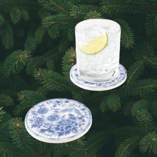Elegante Chinoiserie Blauw Witte Bloem Zandsteen Onderzetter