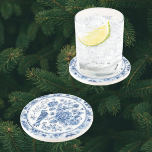 Elegante Chinoiserie Blauw Witte Bloem Zandsteen Onderzetter