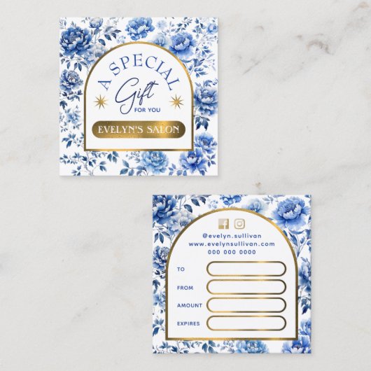 Elegante chinoiserie blauwe bloemen cadeaubon vierkante visitekaartje (Voorkant / Achterkant)