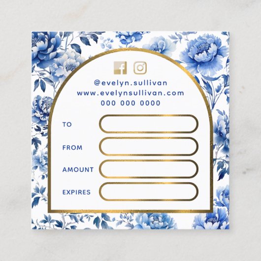 Elegante chinoiserie blauwe bloemen cadeaubon vierkante visitekaartje (Achterkant)