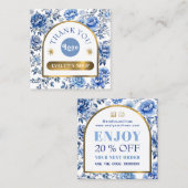 Elegante chinoiserie blauwe bloemen kortingskaart vierkante visitekaartje (Voorkant / Achterkant)