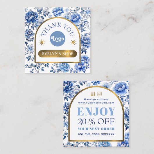 Elegante chinoiserie blauwe bloemen kortingskaart vierkante visitekaartje (Voorkant / Achterkant)
