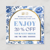 Elegante chinoiserie blauwe bloemen kortingskaart vierkante visitekaartje (Achterkant)