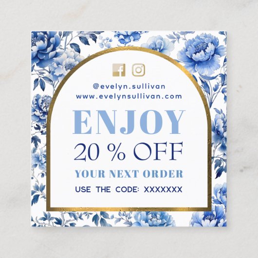 Elegante chinoiserie blauwe bloemen kortingskaart vierkante visitekaartje (Achterkant)