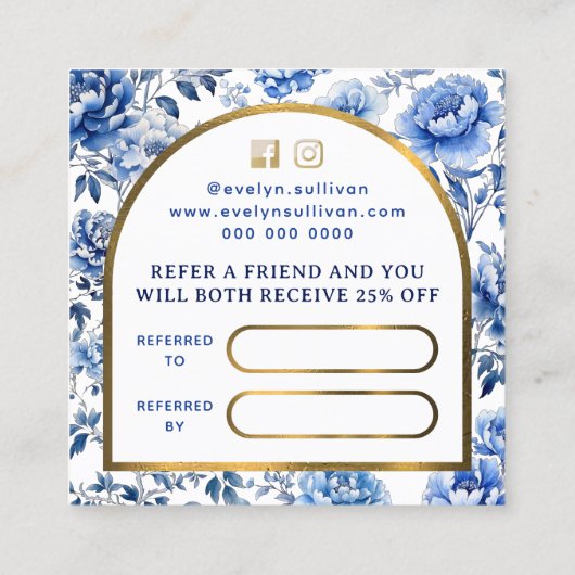 Elegante chinoiserie blauwe bloemen verwijzingskaa vierkante visitekaartje (Achterkant)