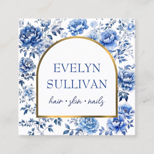 Elegante chinoiserie blauwe bloemen vierkante visitekaartje (Voorkant)