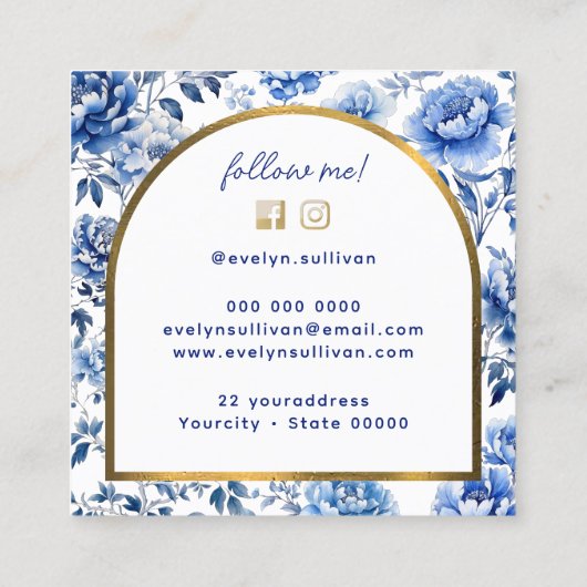 Elegante chinoiserie blauwe bloemen vierkante visitekaartje (Achterkant)
