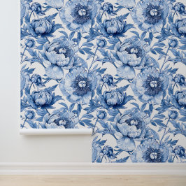 Elegante Chinoiserie Blauwe en Witte Bloempatroon Behang
