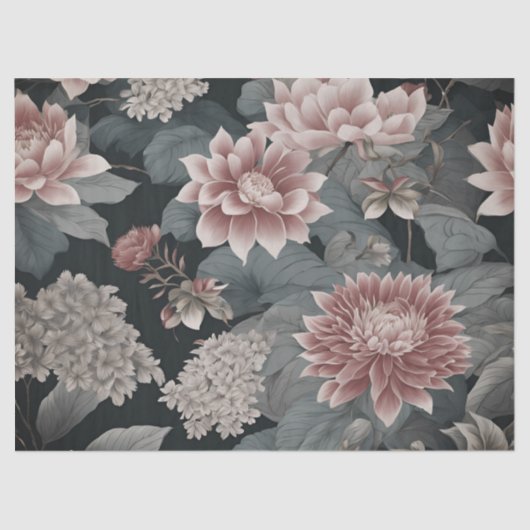 Elegante Chinoiserie Bloemen Grijs Raspberry Tissuepapier (Voorkant)