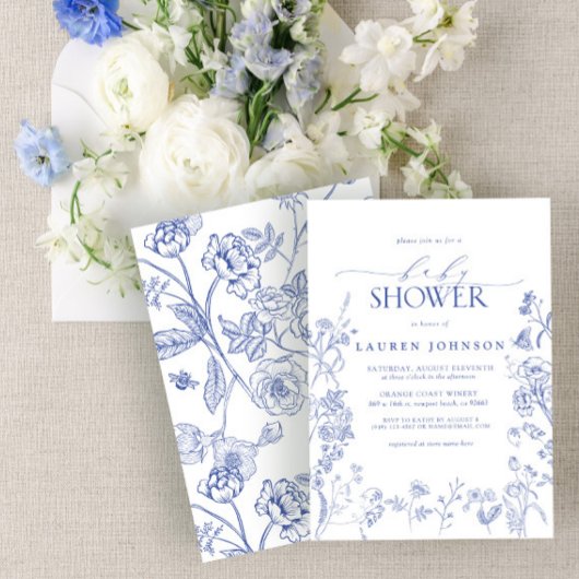 Elegante Chinoiserie Bloemenblauw Baby shower Kaart