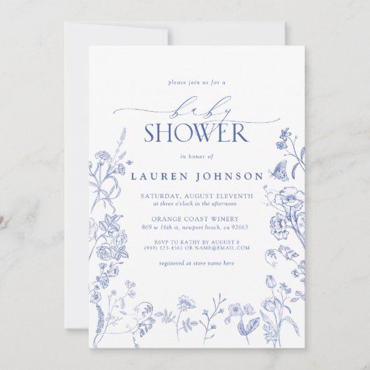 Elegante Chinoiserie Bloemenblauw Baby shower Kaart (Voorkant)