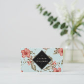 Elegante Chinoiserie Bloemenpatroon op Blauw Visitekaartje (Staand voorkant)