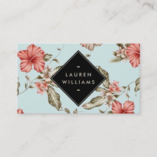 Elegante Chinoiserie Bloemenpatroon op Blauw Visitekaartje (Voorkant)