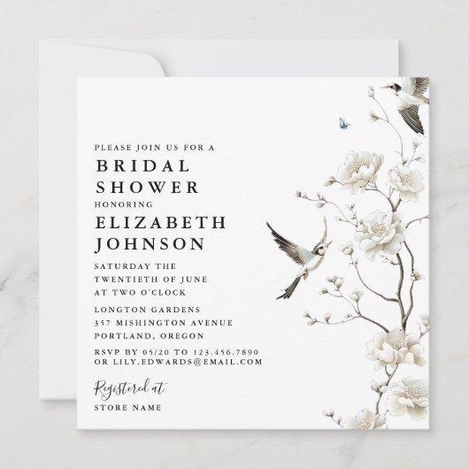 Elegante Chinoiserie Bloementuin Bruidsborrel Kaart (Voorkant)