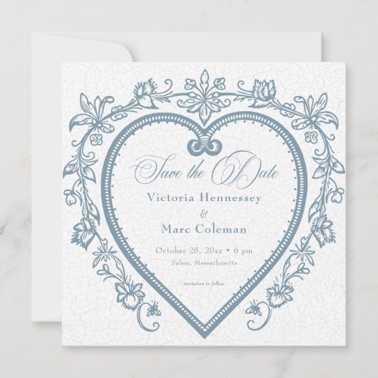  Elegante Chinoiserie Blue Heart Wedding Save The Date (Voorkant)