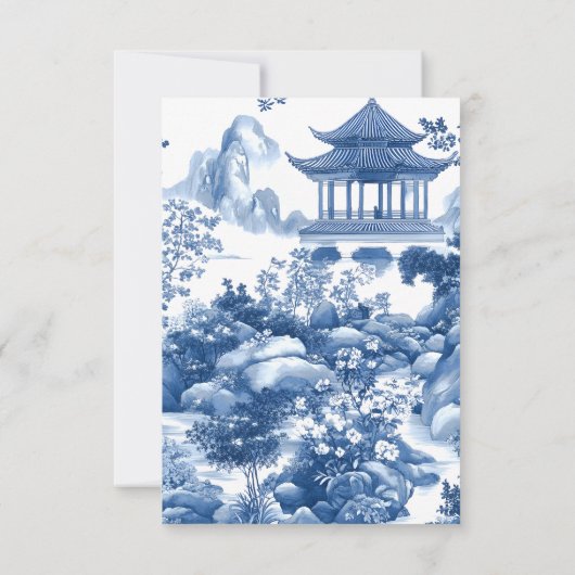 Elegante Chinoiserie Blue Pagoda bruiloft RSVP Kaart (Achterkant)