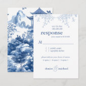 Elegante Chinoiserie Blue Pagoda bruiloft RSVP Kaart (Voorkant / Achterkant)