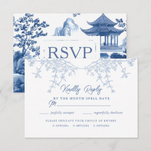 Elegante Chinoiserie Blue Pagoda bruiloft RSVP Kaartje